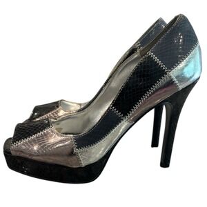 Avon Mirelle Women's Size 7‎ Heels Black Silver Snakeskin Patchwork Peep Toe